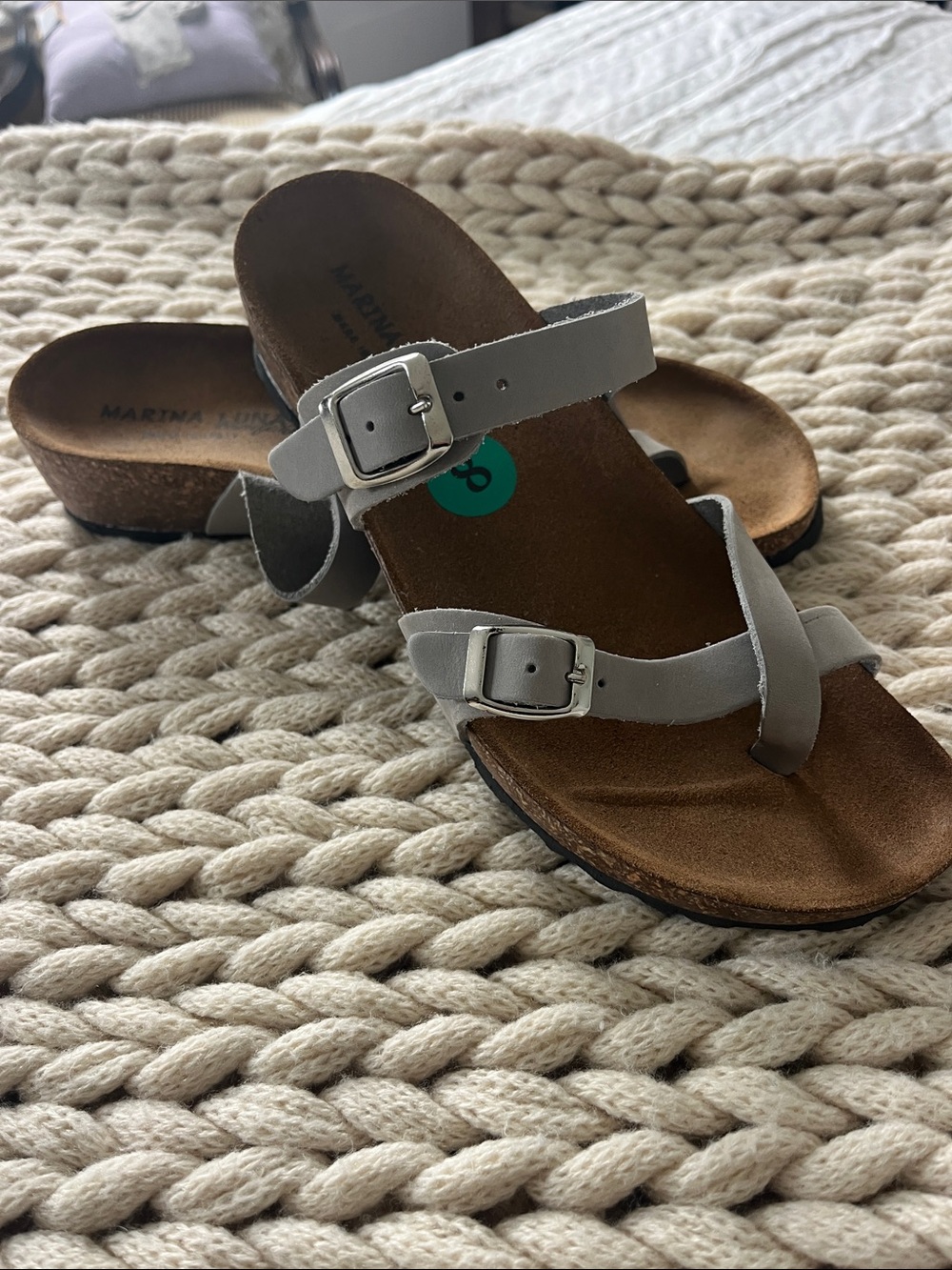 Gray Leather Double-Strap Wedge Heal Sandals